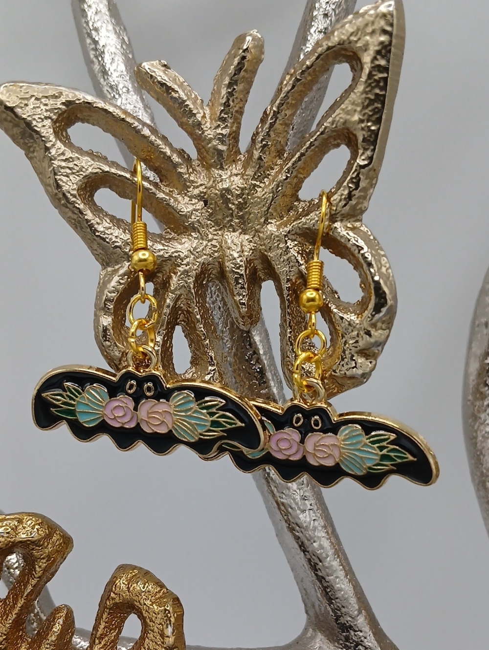 Gold-Tone Black Floral Enamel Drop Earrings